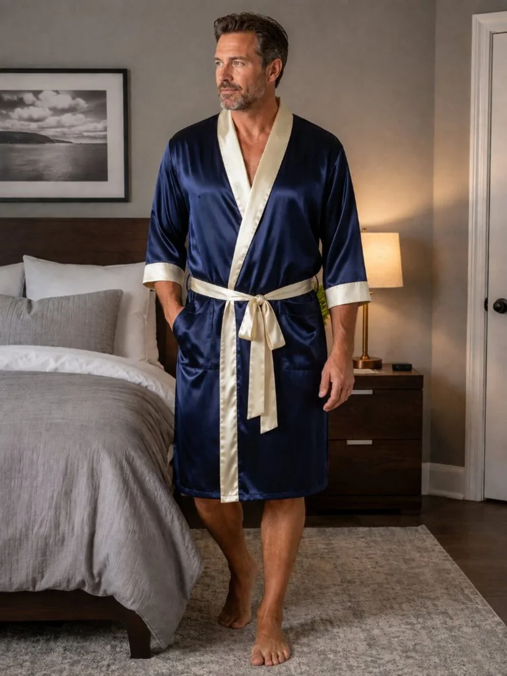 SEARS THE MEN'S STORE Vintage 3/4 Slve Open w/Belt Navy Blue/White Trim Robe O/S